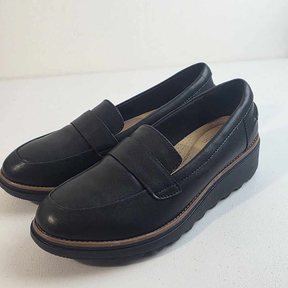 Clarks Collection Sharon Gracie Black Wedge Slip On Loafers Womens Sz 7.5W New - Picture 5 of 9